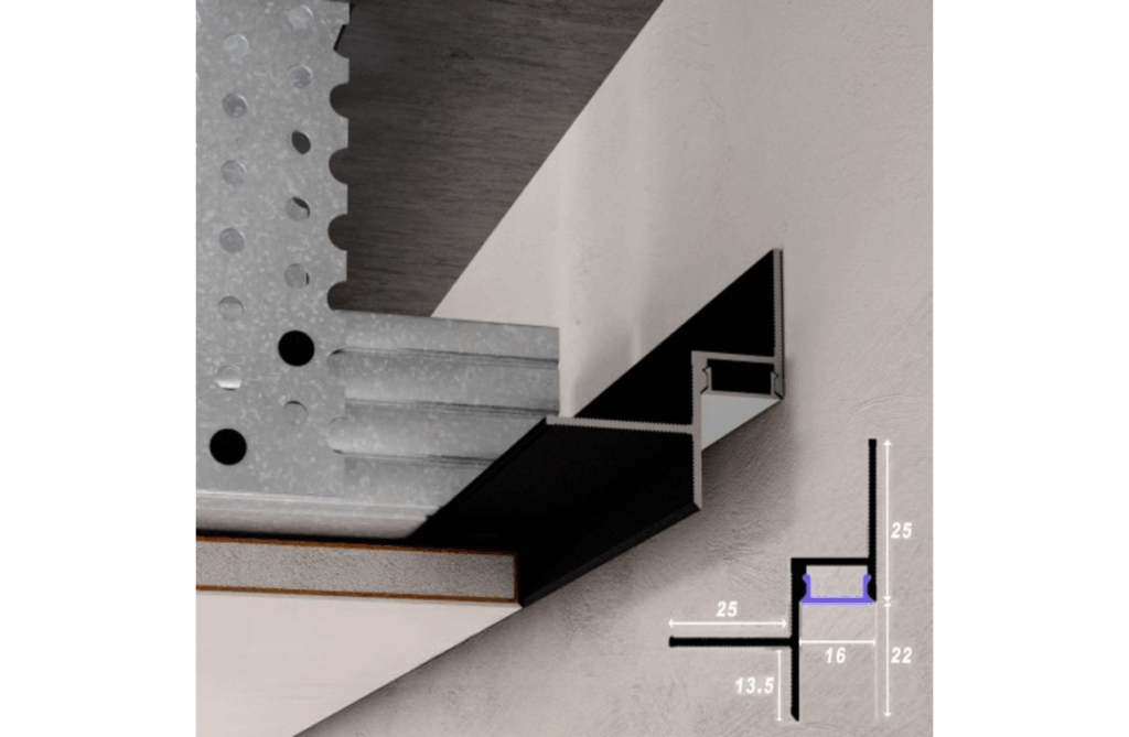 Nova Design & Build - Profil de aluminiu cu efect Shadow Gap pentru iluminare LED – 16x22 mm – Negru